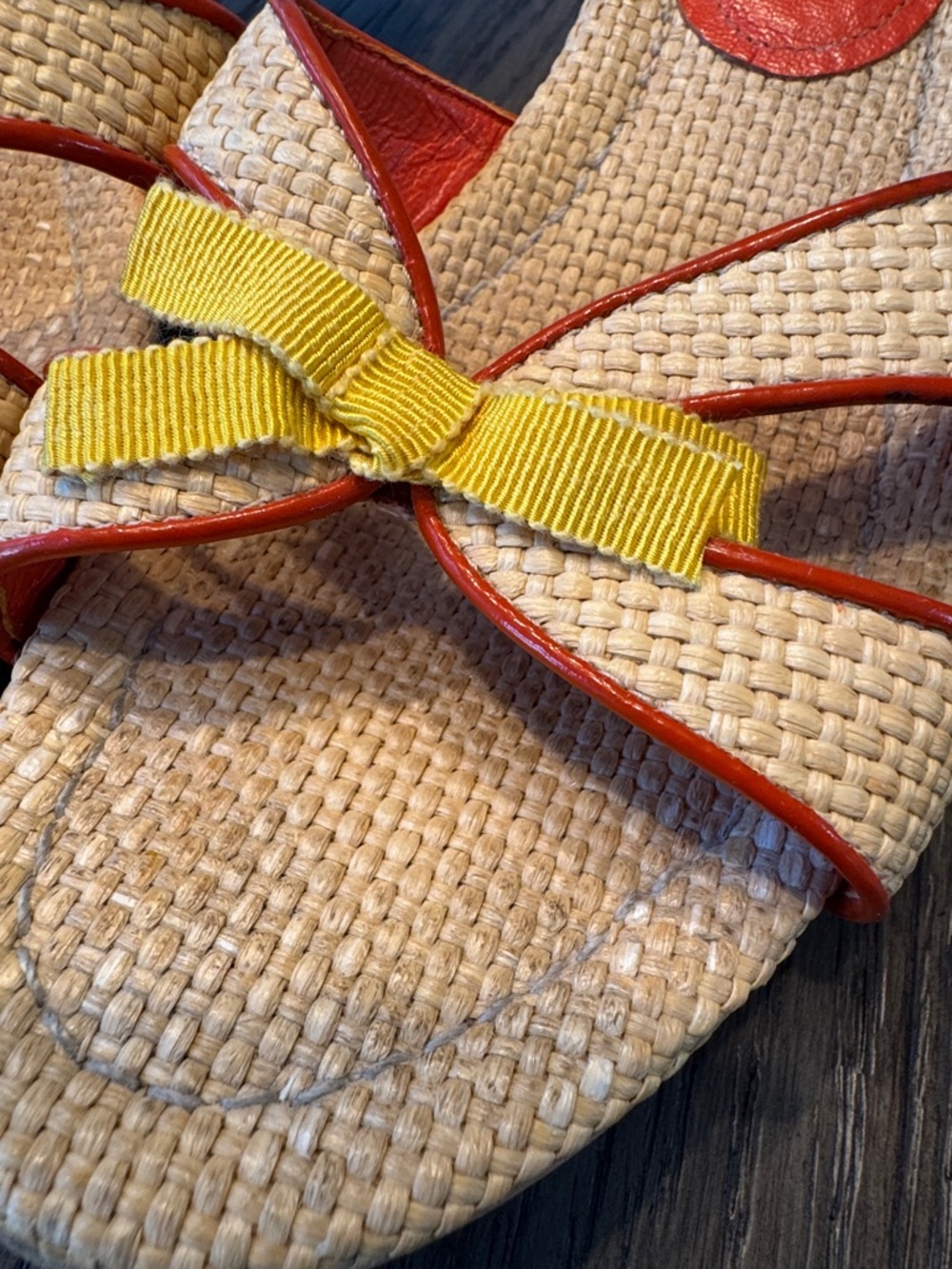 Prada Beige Raffia Slide Mules with Yellow Bow and Coral Trim - Picture 10 of 14